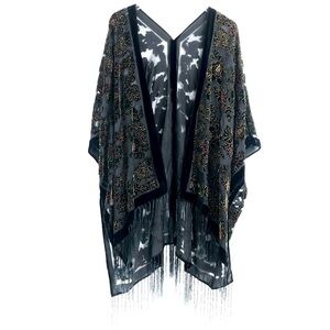 Vintage Sheer Floral Poncho with Fringe | Gold Trim | Dramatic Layering Piece